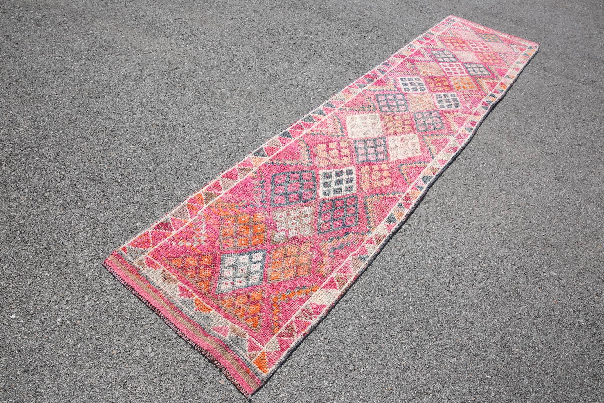 Hot Pink Turkish Runner Rug, Vintage Boho Hallway Carpet, 83x353 Cm