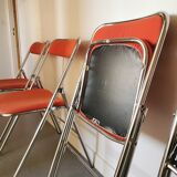 4 red and chrome folding chairs, Plichaise by Souvignet, France, 1970