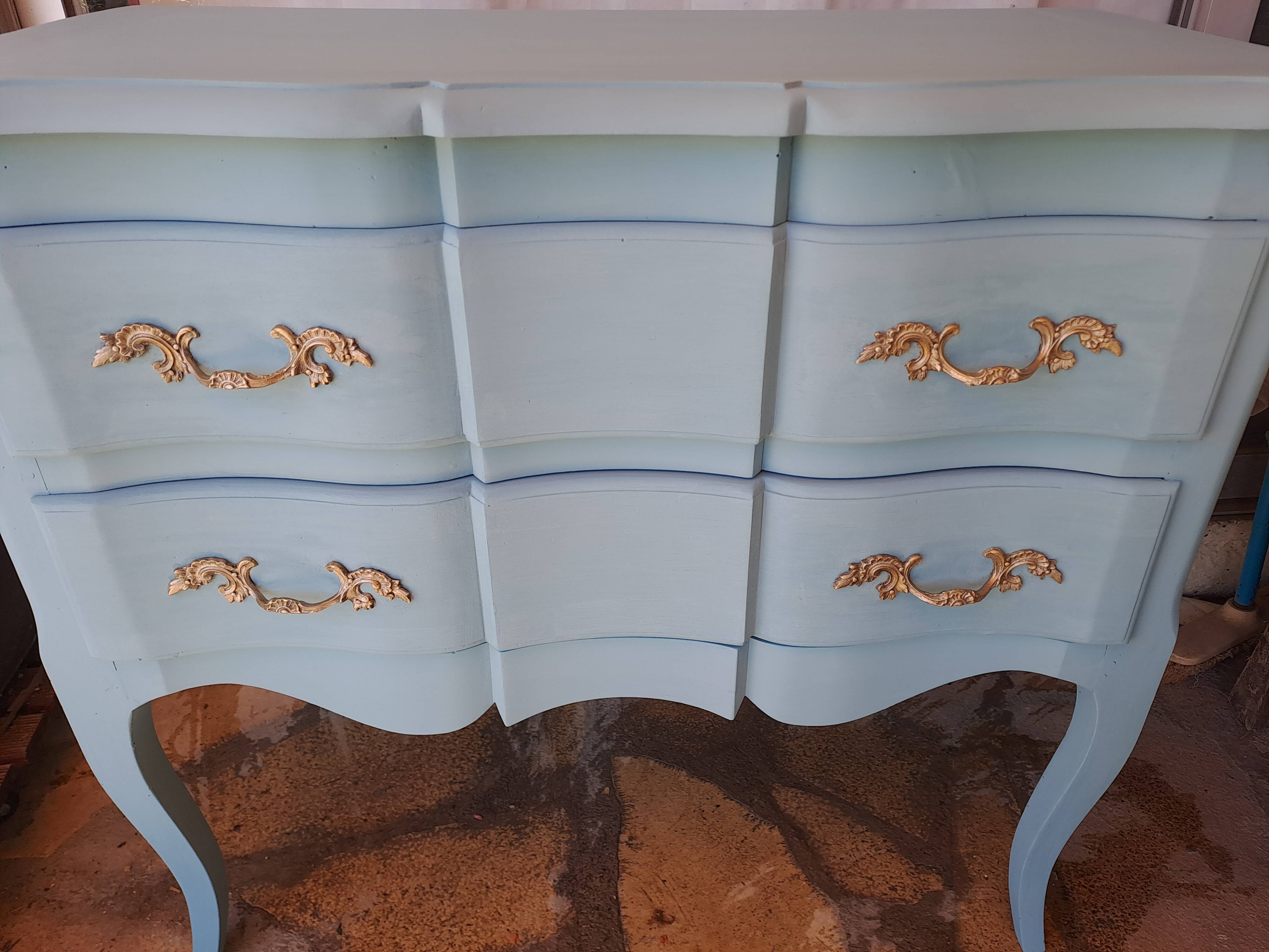 Louis XV style solid wood chest of drawers repainted in lagoon blue with 2 drawers
