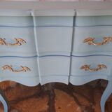 Commode en bois massif repeint bleu lagune style Louis XV à 2 tiroirs