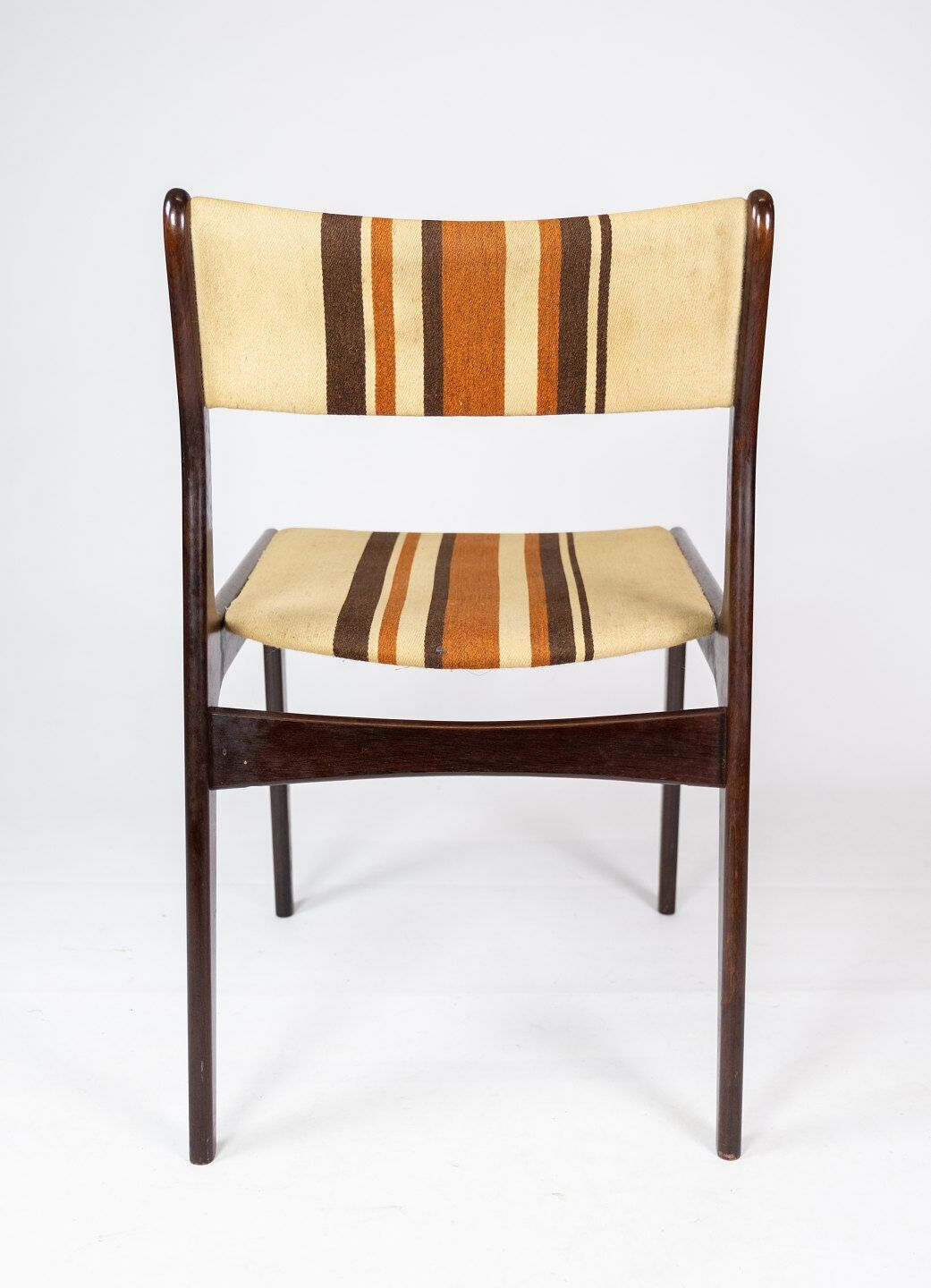 Pair of chairs in dark wood upholstered with light striped fabric of danish design