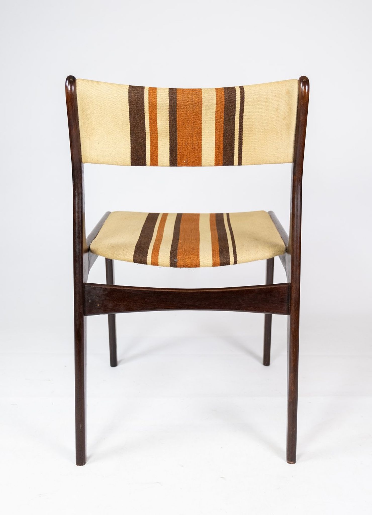 Pair of chairs in dark wood upholstered with light striped fabric of danish design