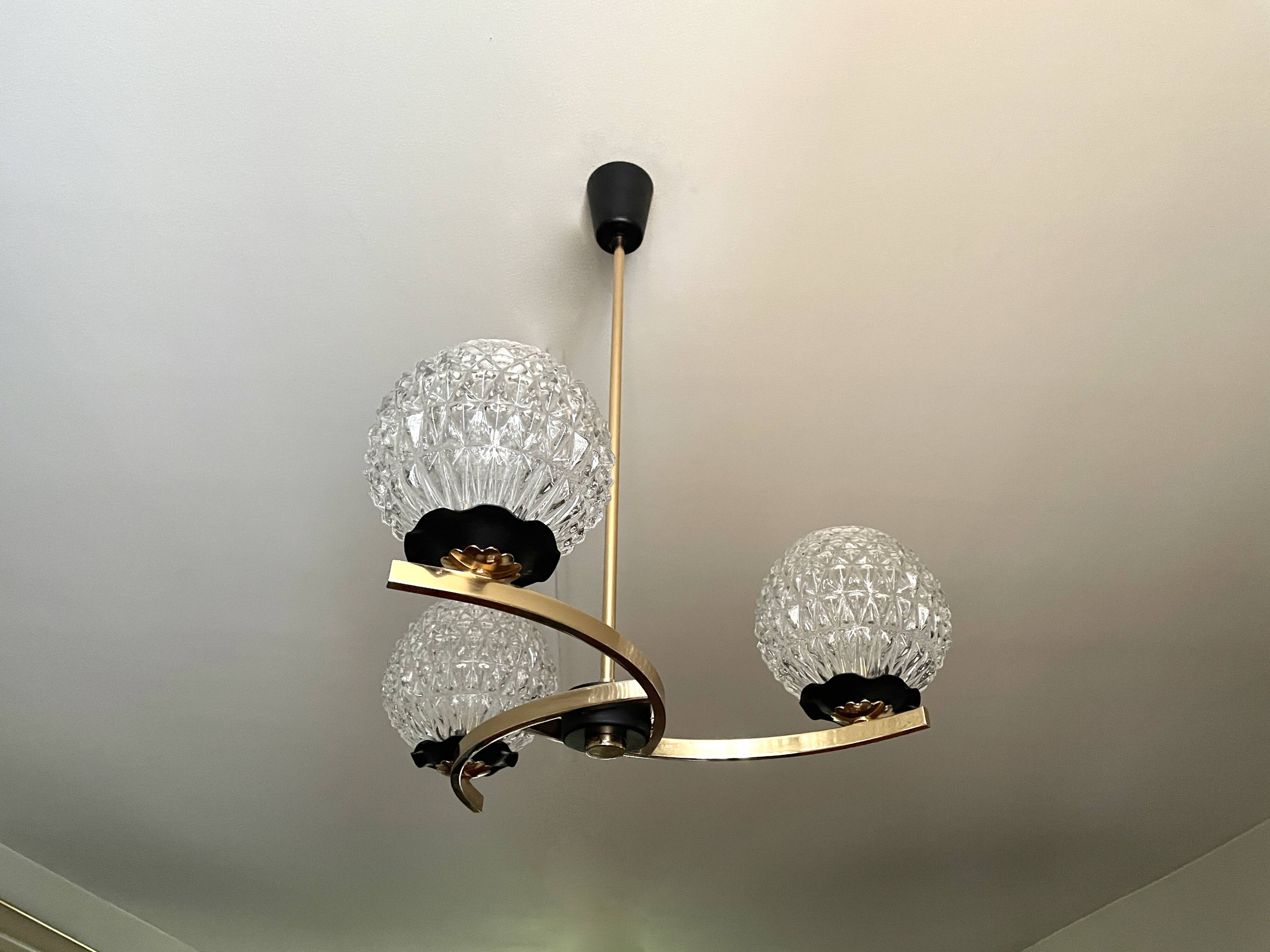 Chandelier 3 brass lights 1950