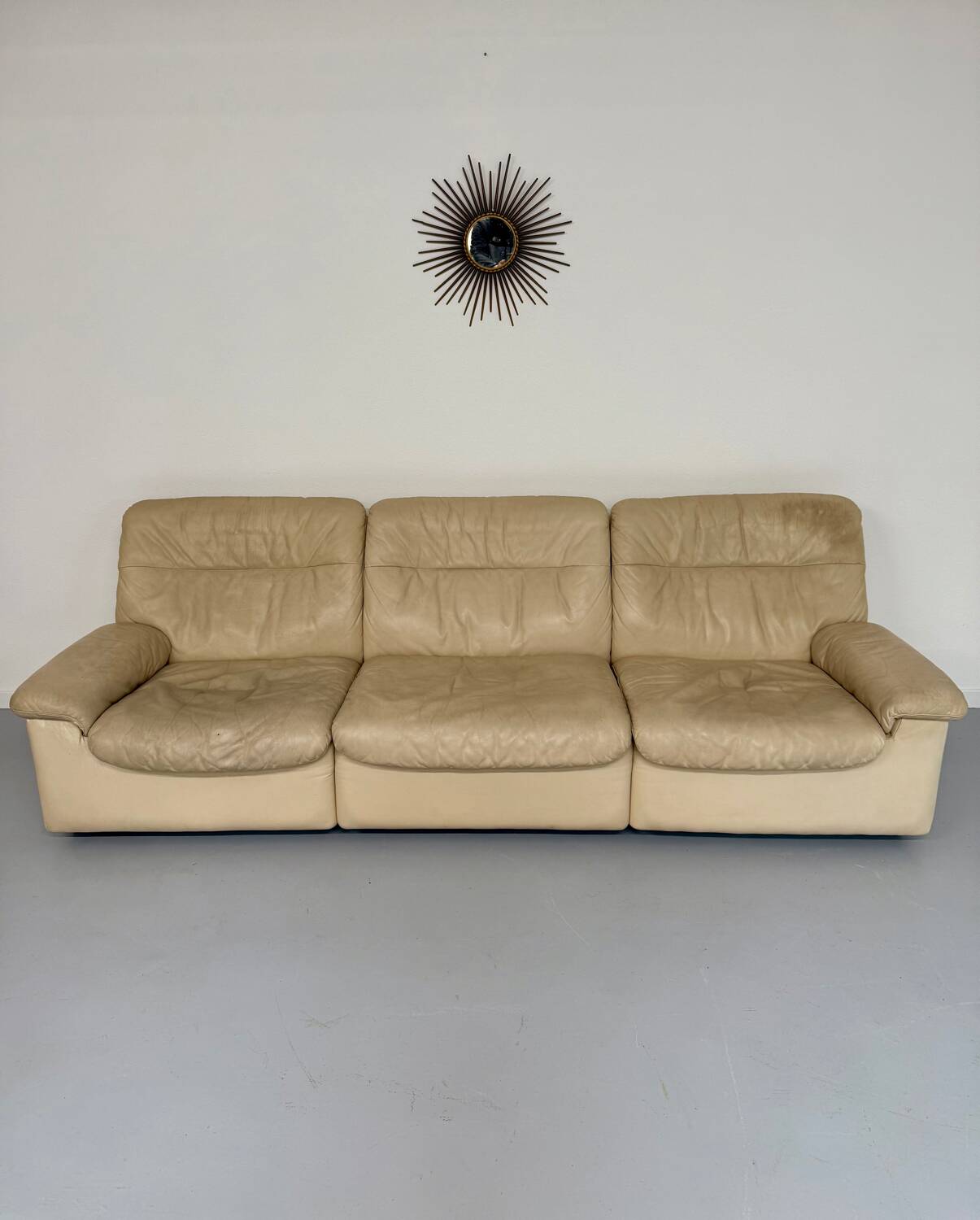 Old 3-seater beige leather sofa designed by Carl Larsson De Sede, vintage 80s