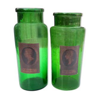 Pair of Jars has Green Glass Pharmacy