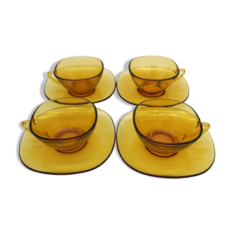 4 cups vintage vereco saucers standard amber glass model