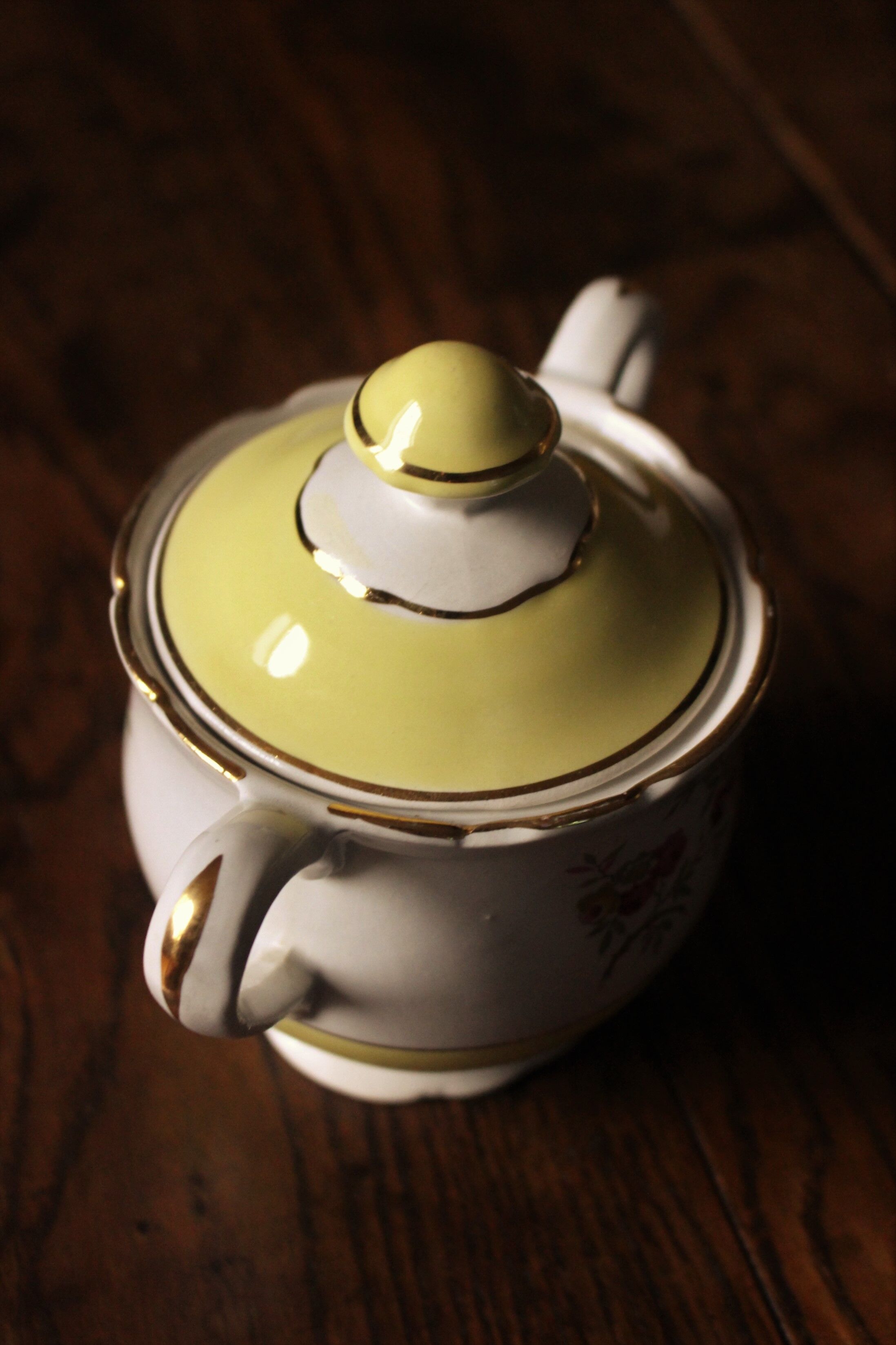 Sugar bowl Lunéville Yellow Gilding Pink flowers