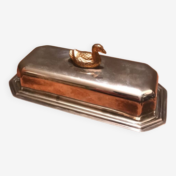 Old silver metal butter dish, duck