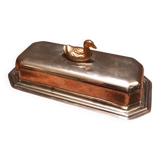 Old silver metal butter dish, duck
