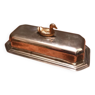 Old silver metal butter dish, duck