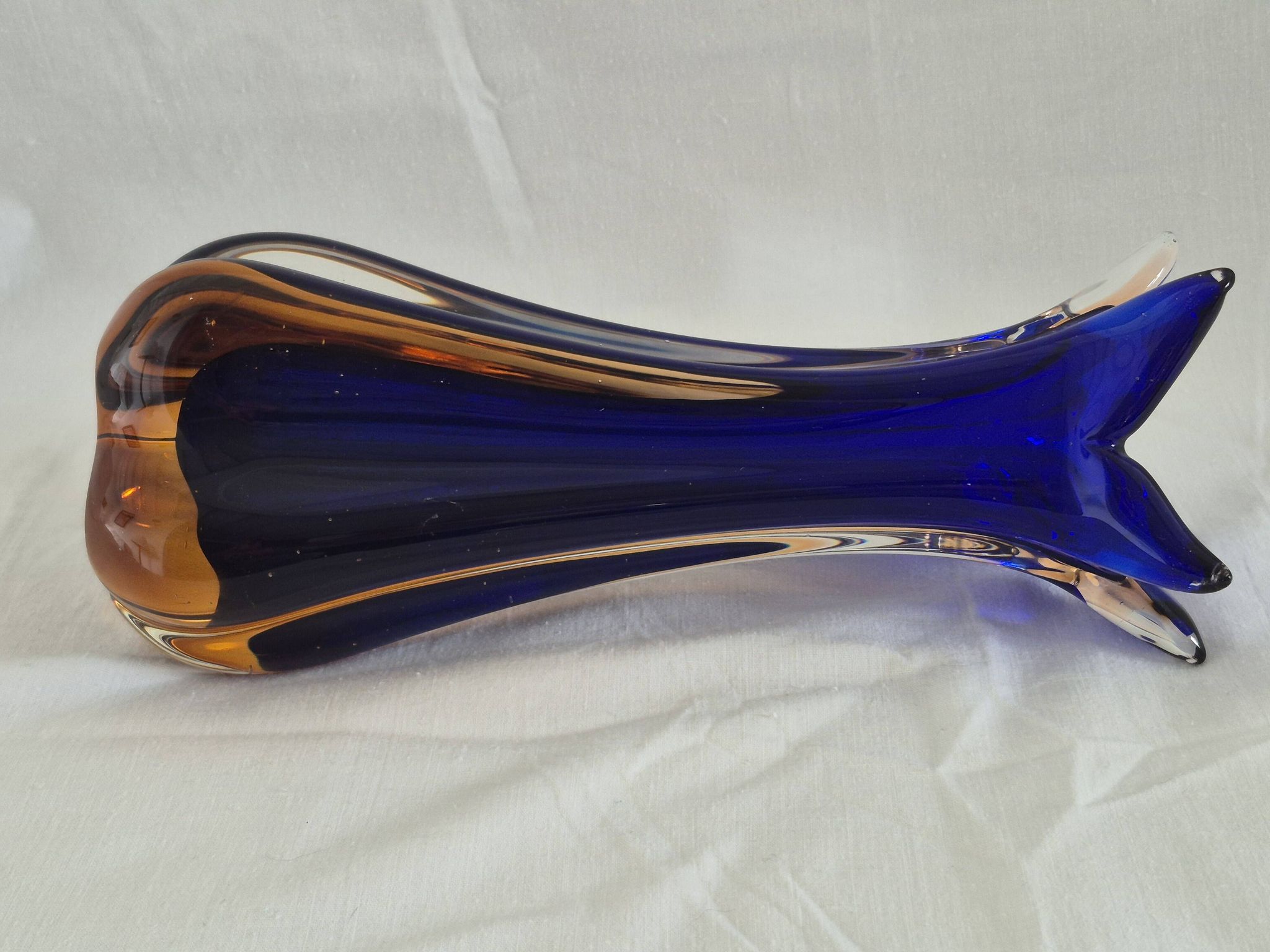 Vintage cobalt blue and amber blown glass vase in Murano style.