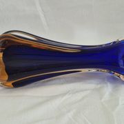 Vintage cobalt blue and amber blown glass vase in Murano style.