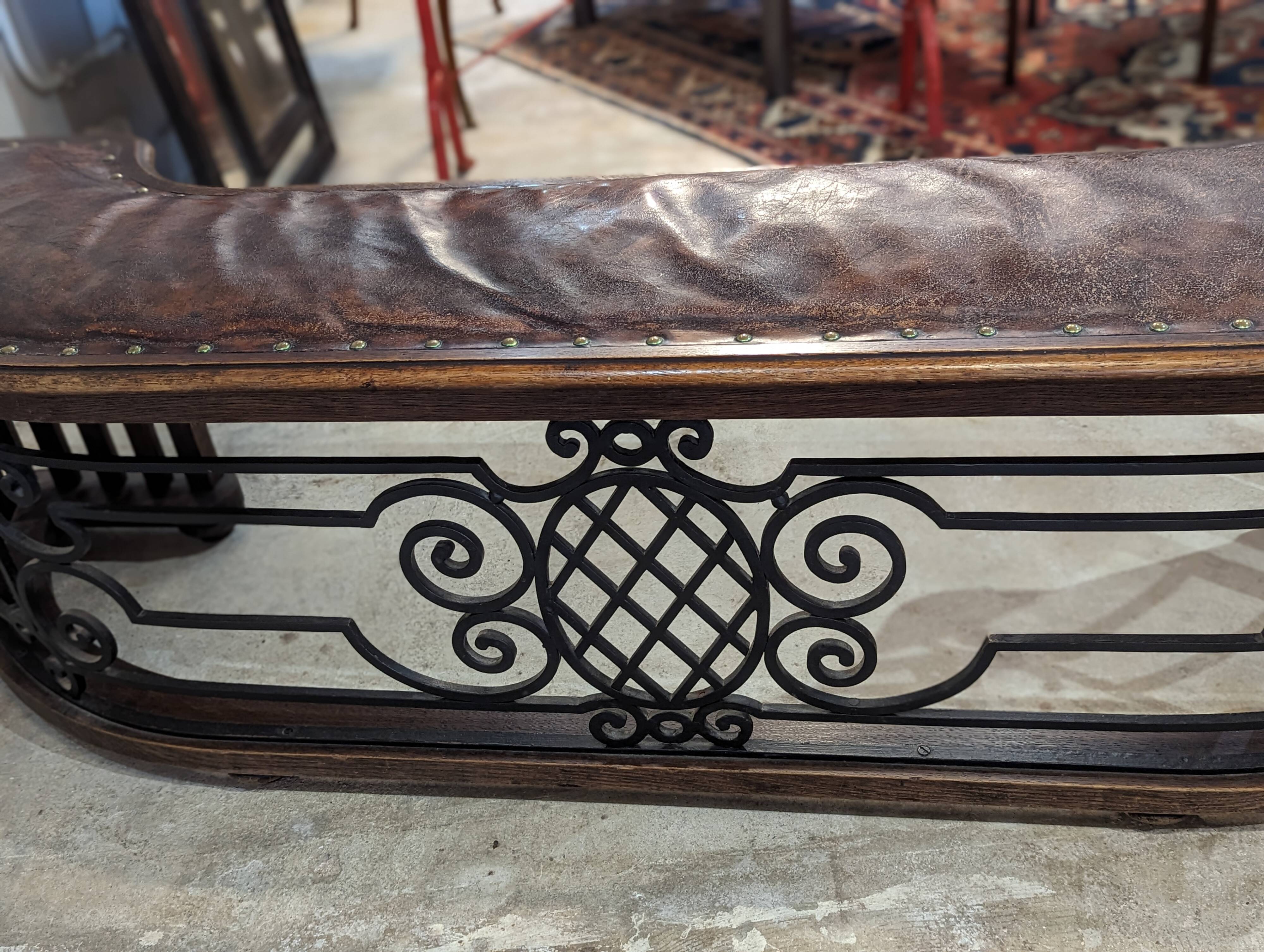 Old fireplace bench, wrought iron leather and oak