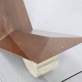 Table italienne Cattelan « Valentino » en noyer et travertin des années 1990.