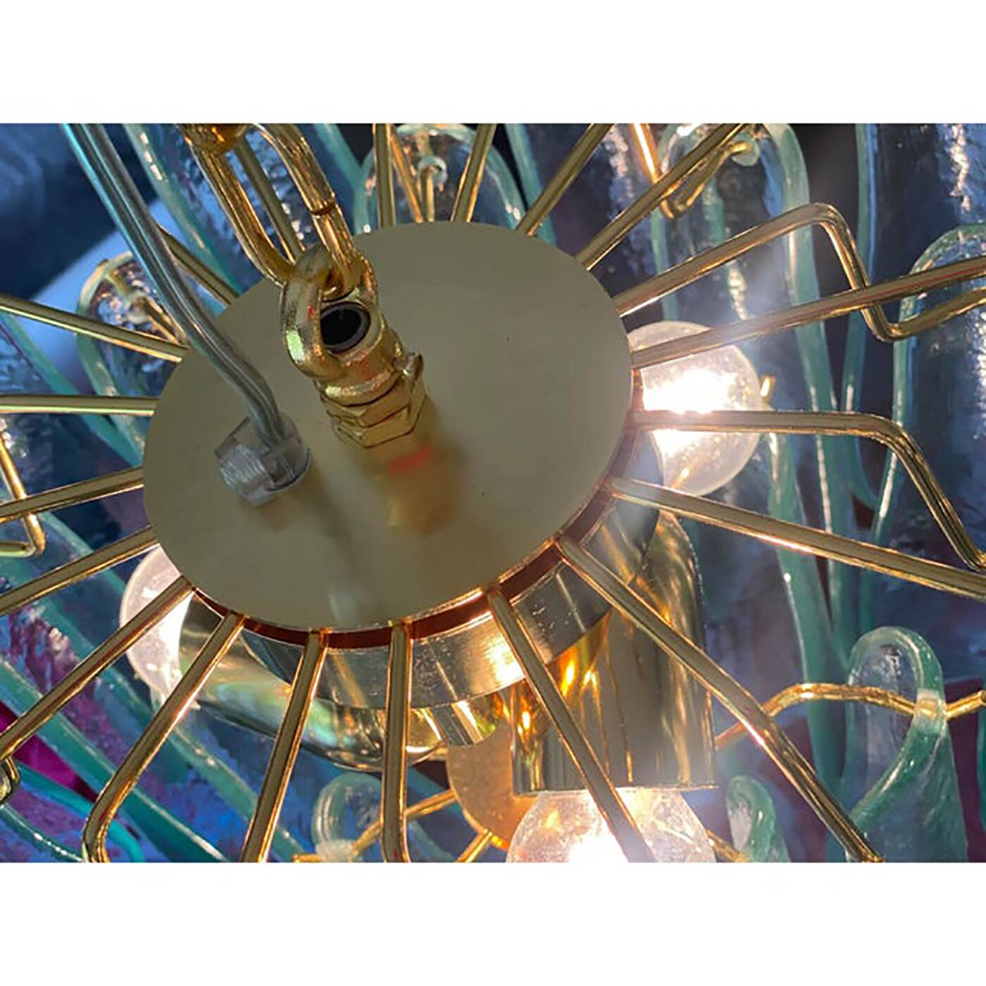 Lot of 2 Contemporary Green Murano Style Glass "Sella" Chandelier With Gold