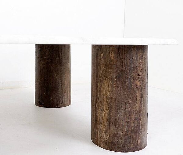Unique rectangular  Coffee Table in Marble and Teak Wood - Belgian creation