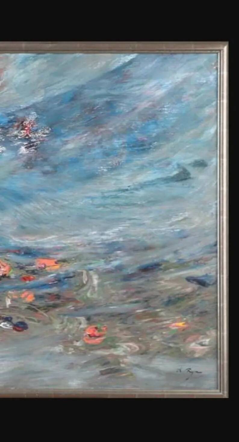 Huile sur toile originale suédoise – "Composition" par Keiko Ryu – Signée – Vintage et encadrée