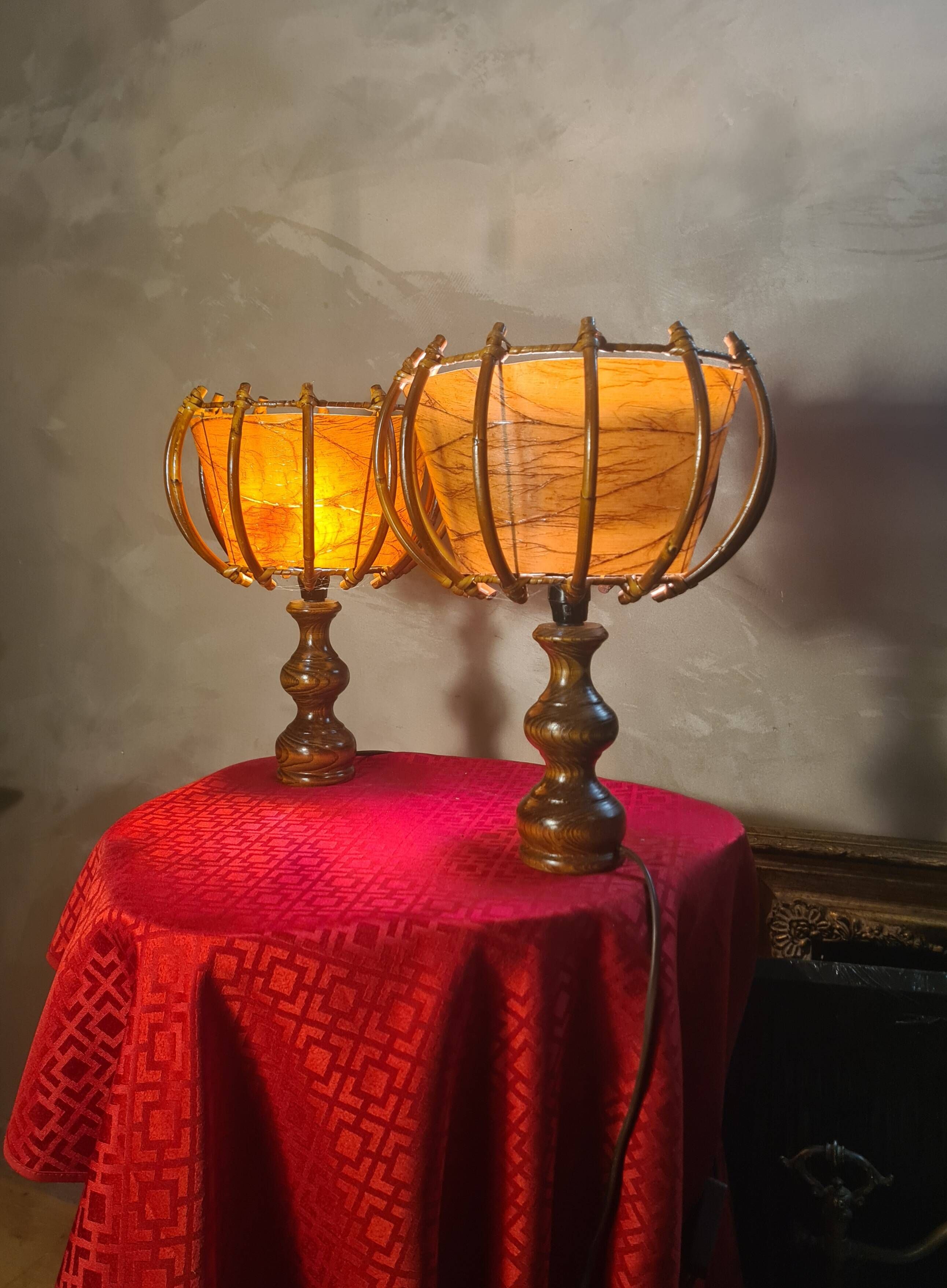 pair of vintage rattan table lamps by Louis Sognot 32x26 - 1950s-60s