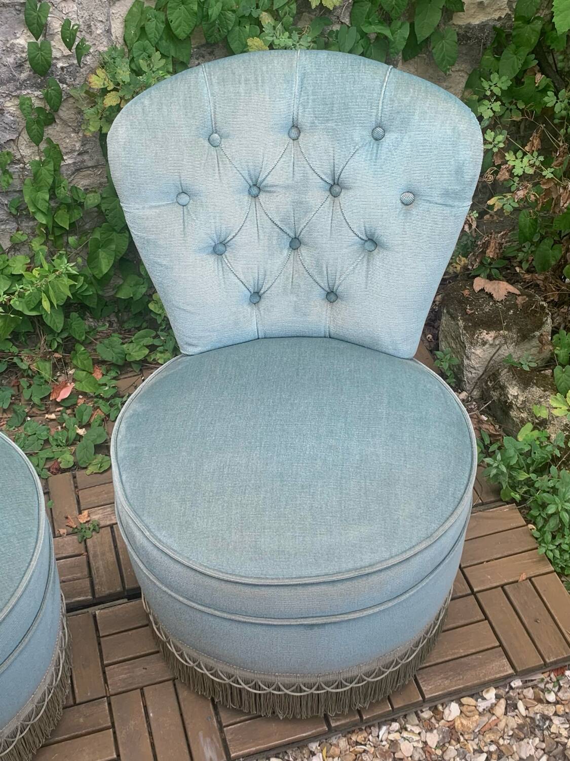 Pair of vintage blue velvet upholstered toad armchairs from the 1970s