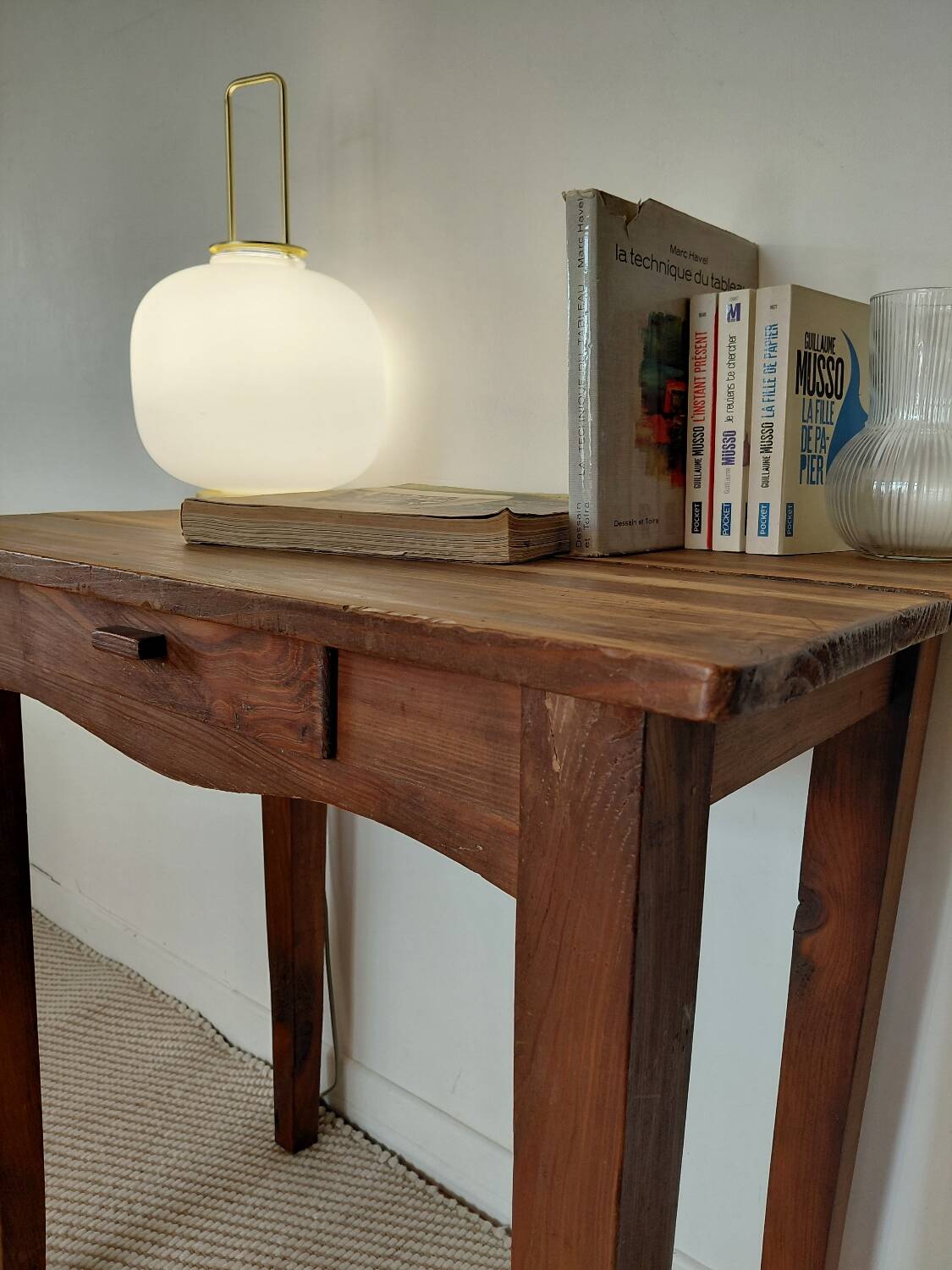 Old solid wood console - drawer - curved line - chic country style