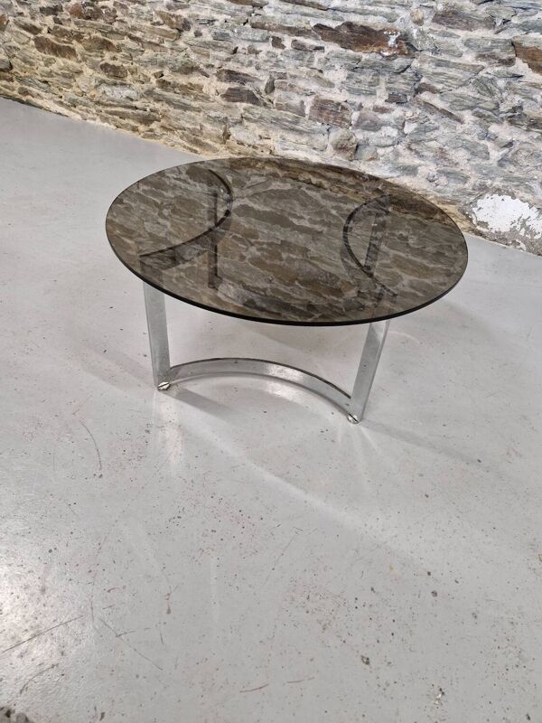 Table basse design Paul Legeard verre fumé et chrome