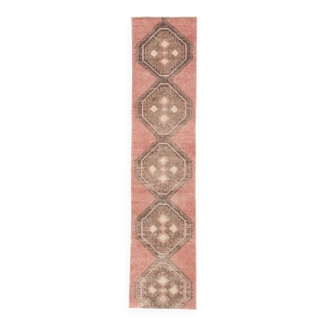 3x12 Soft Pastel Pale Red Turkish Vintage Runner Rug