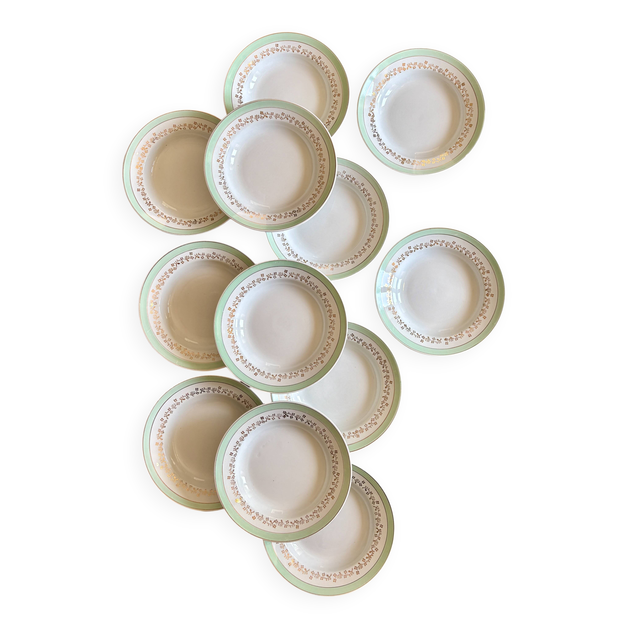 Set of 12 white, mint and gold soup plates, Mosèle de Luné model