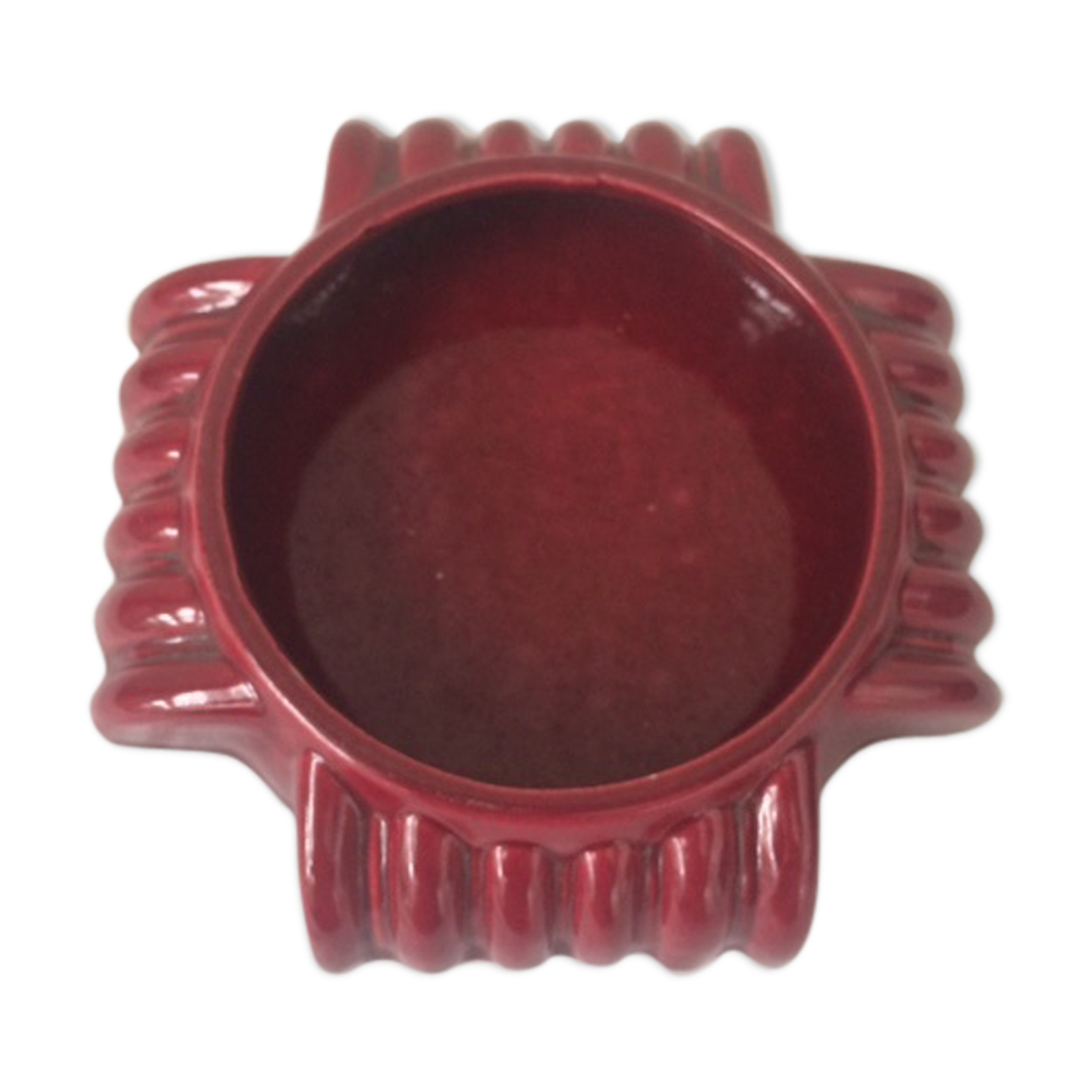 Ashtray red enamelled ceramics in geometric design and the 1950s vintage