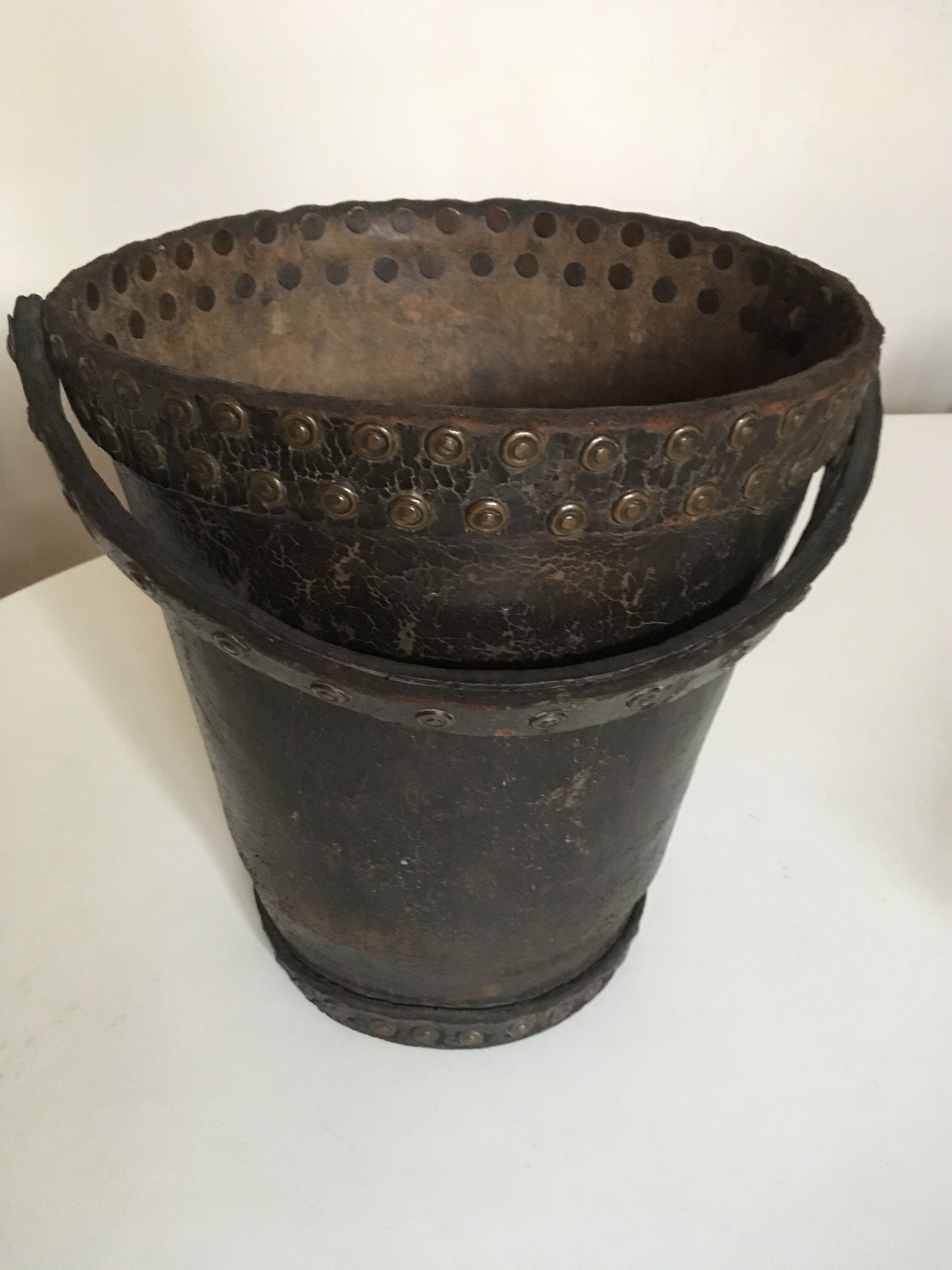 Brutalist studded leather wastepaper basket bucket 1920