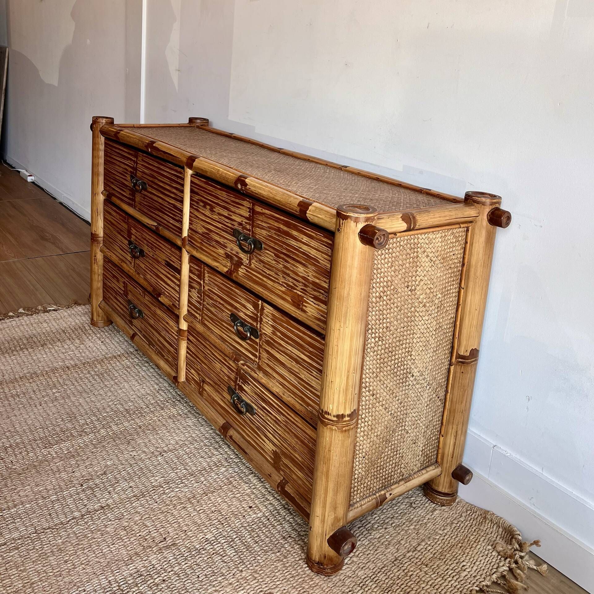 Commode sideboard vintage en bambou à 6 tiroirs,