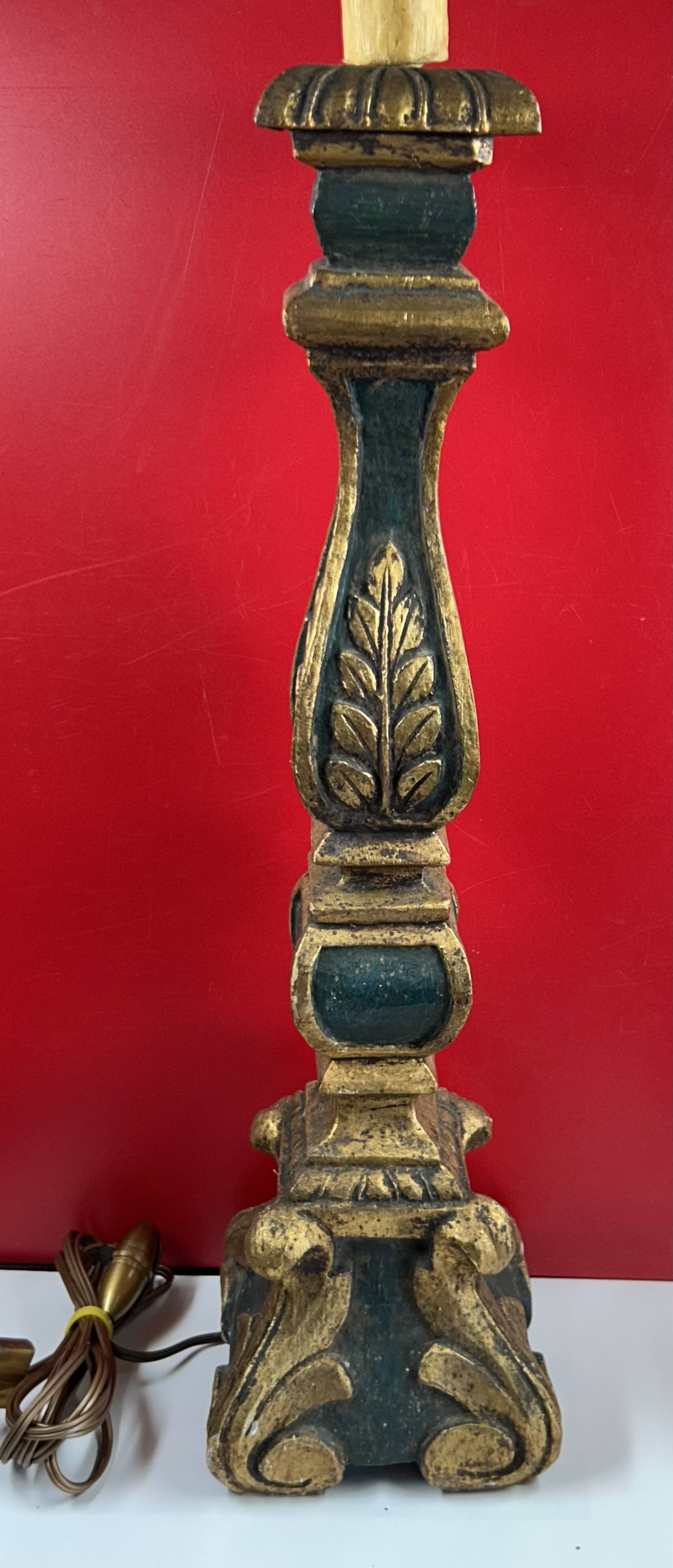 Large antique green and gold wooden lamp base, 66 cm high from the socket.