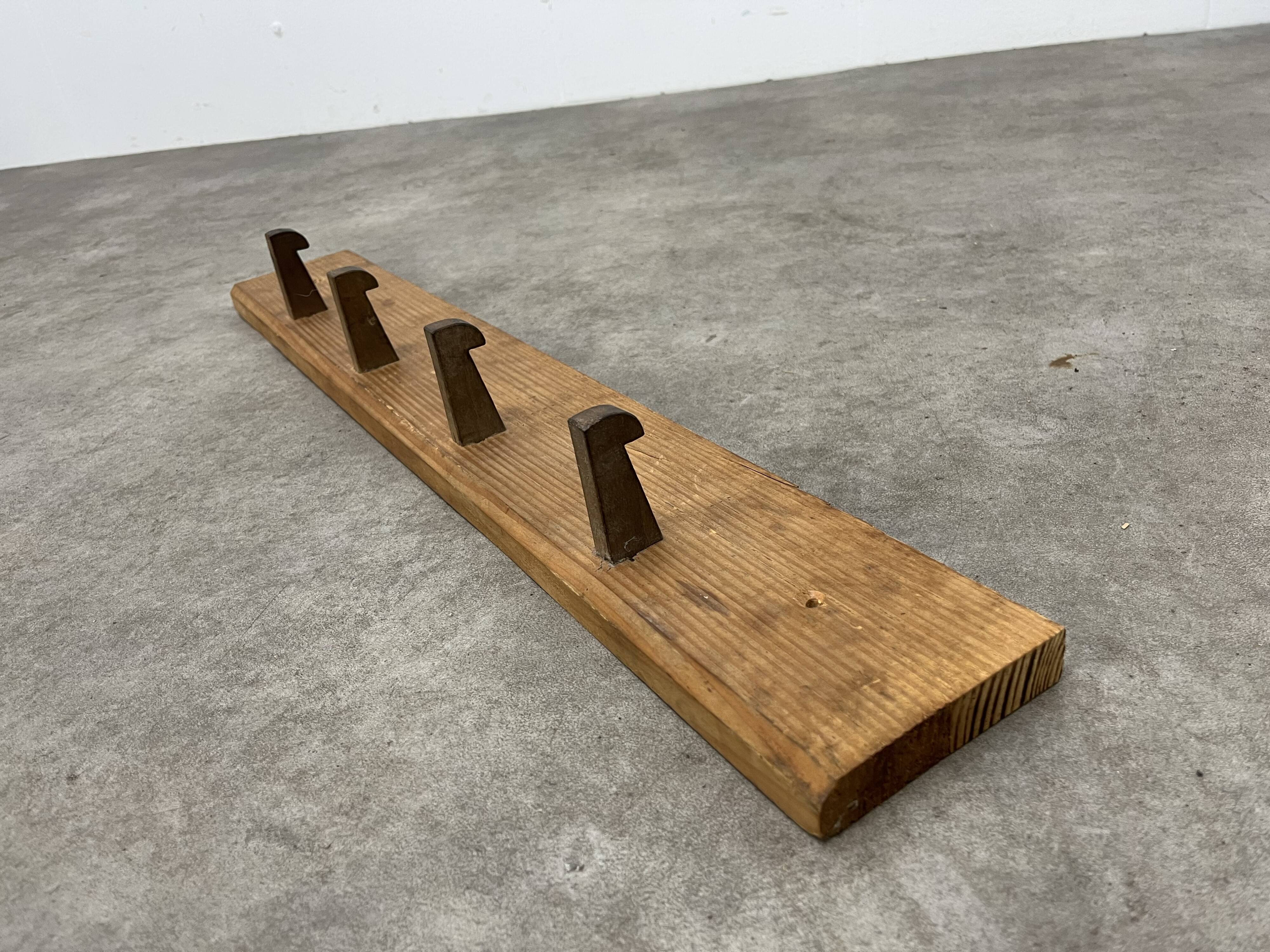 Brutalist pine chalet style wall coat rack, 4 hooks