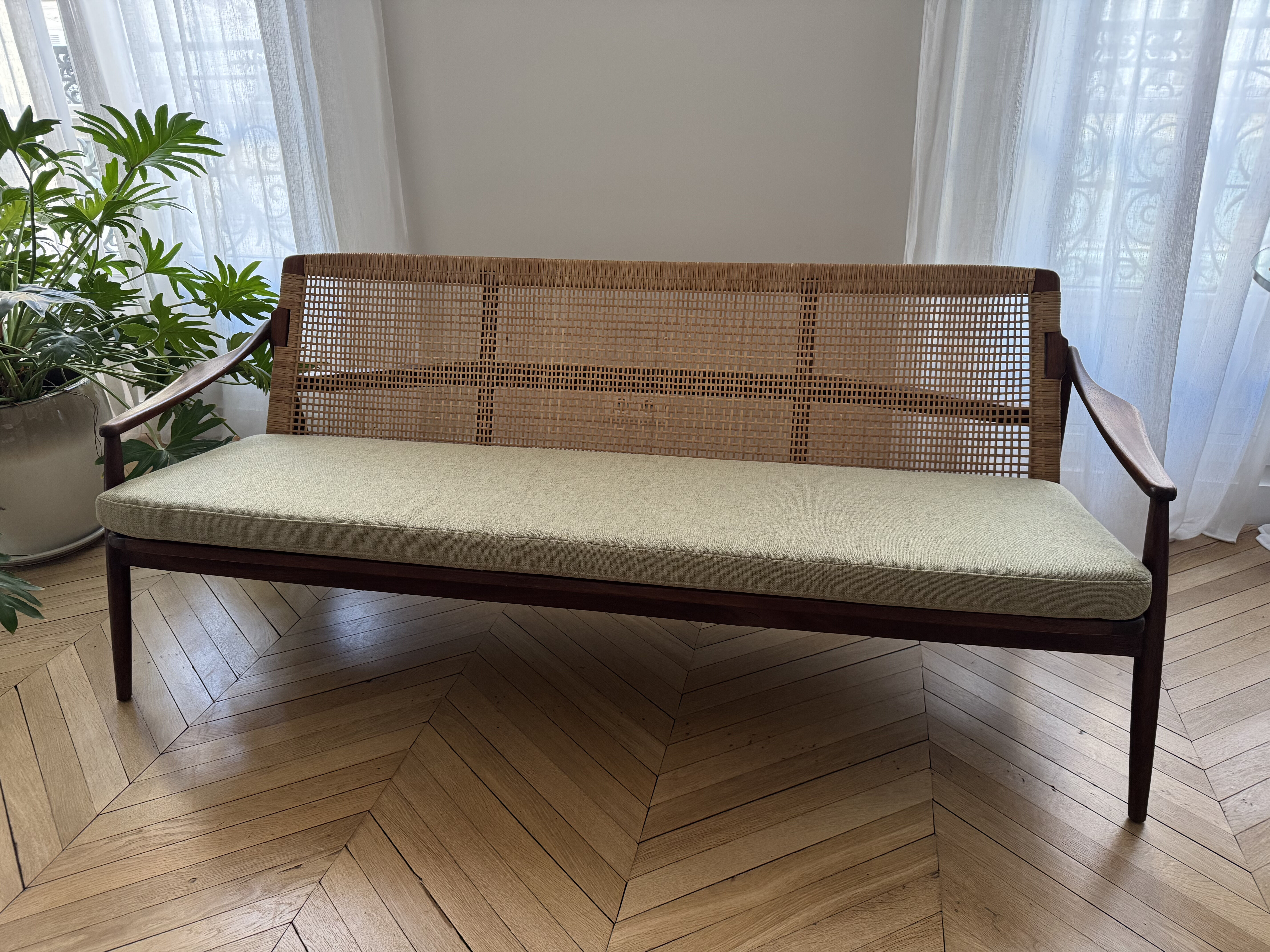 Sofa Series 400 Mid-Century in Teak with Rattan Backrest by Hartmut Lohm