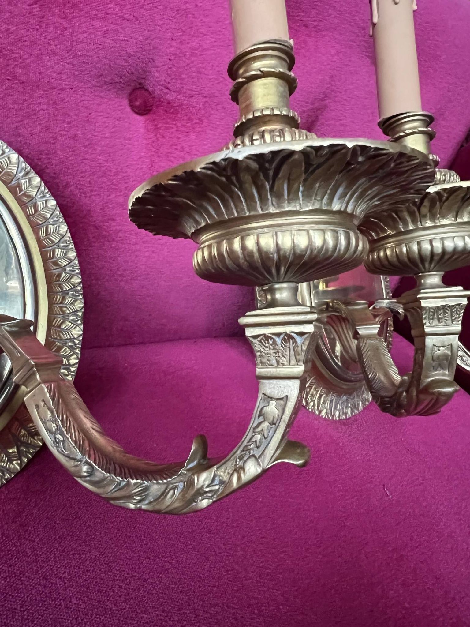 Pair of Louis XVI style solid gilded bronze wall sconces.