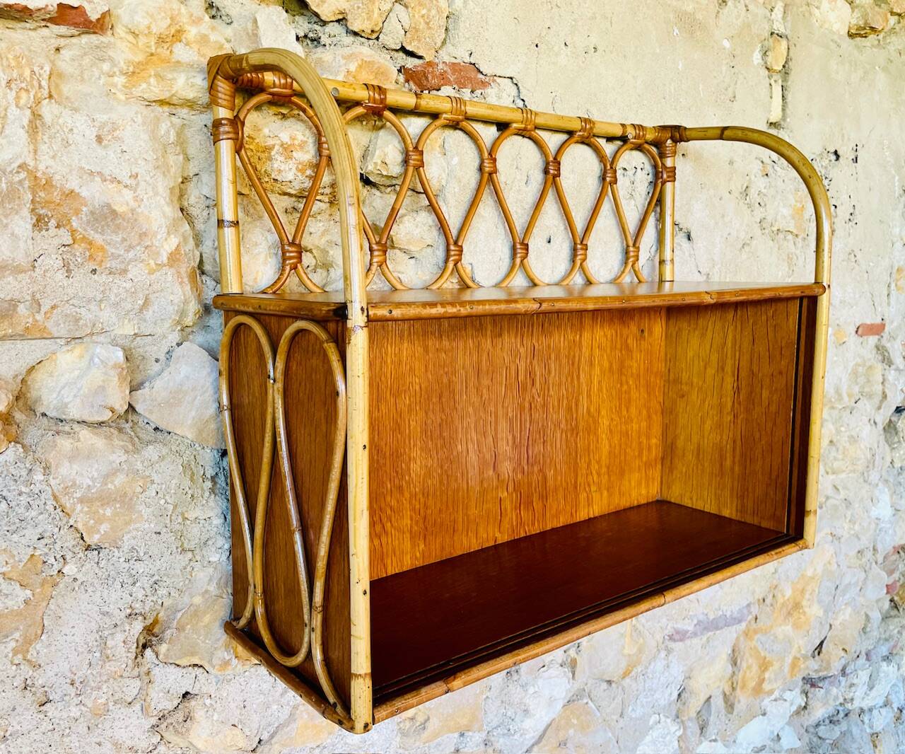 Vintage rattan and bamboo wall shelf with glass door cabinet, 1960s