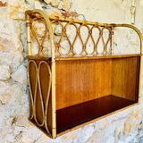 Vintage rattan and bamboo wall shelf with glass door cabinet, 1960s