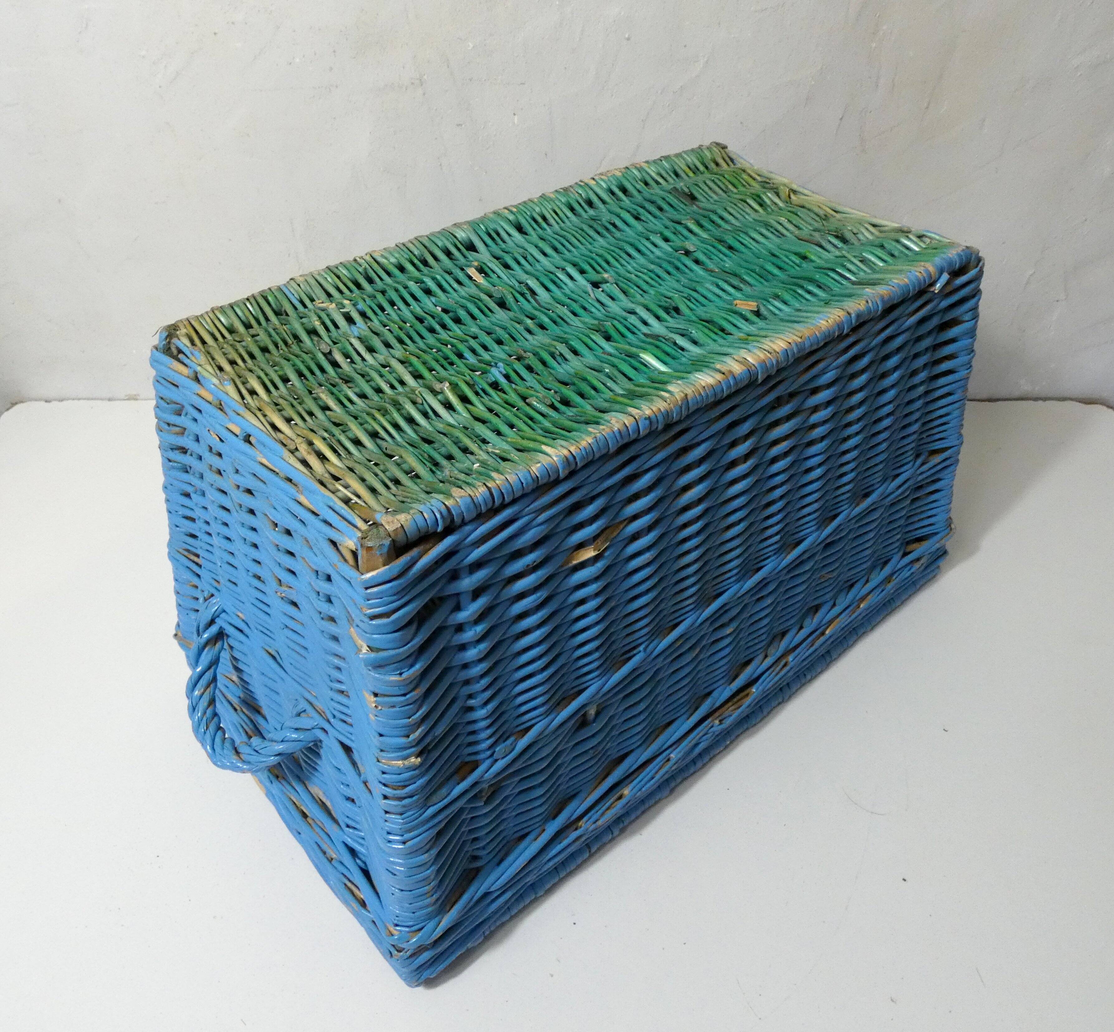 vintage blue rattan trunk chest
