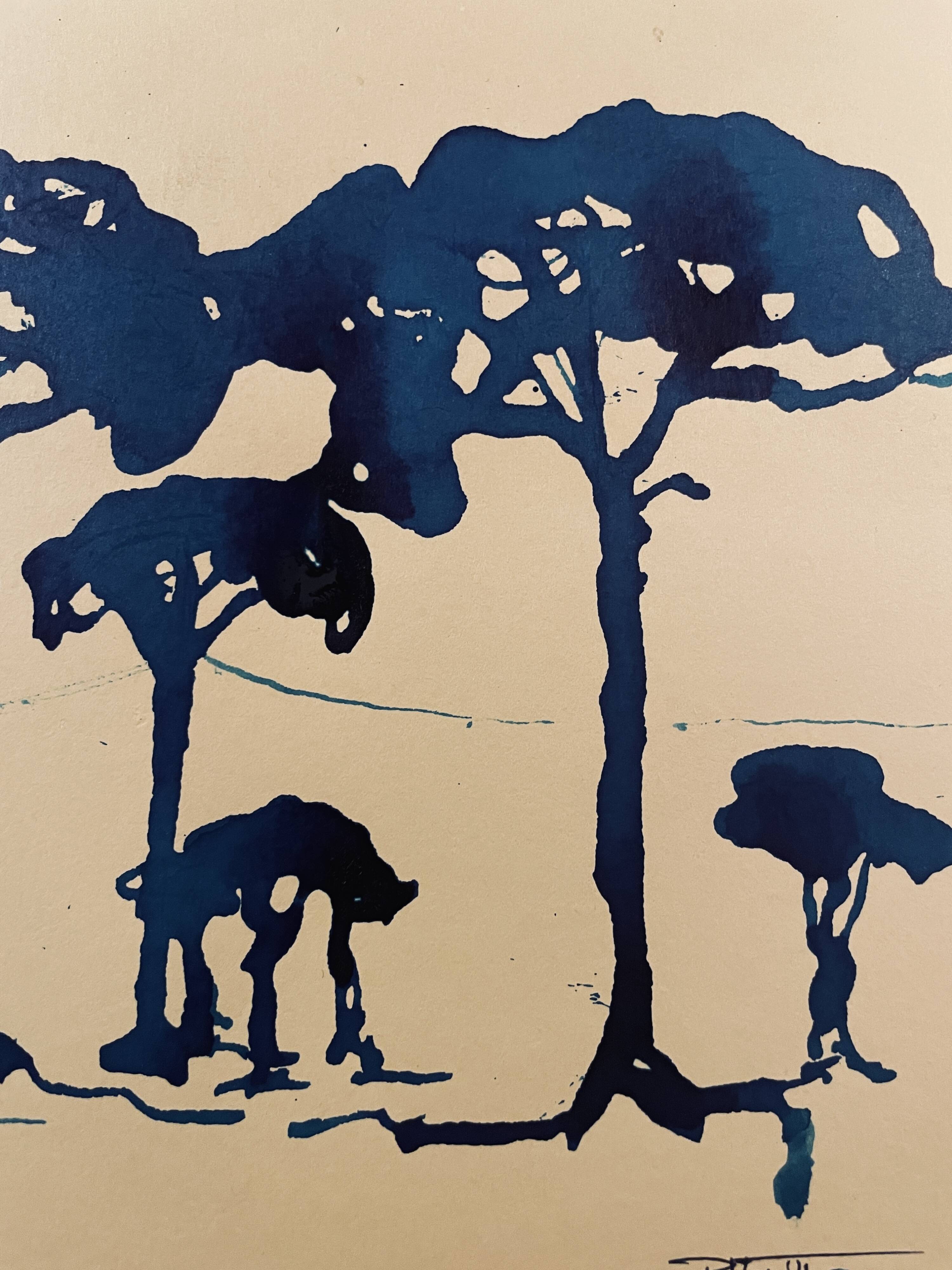 Painting, monochrome watercolor "Twilight over the Pine Forest" Provence, signed