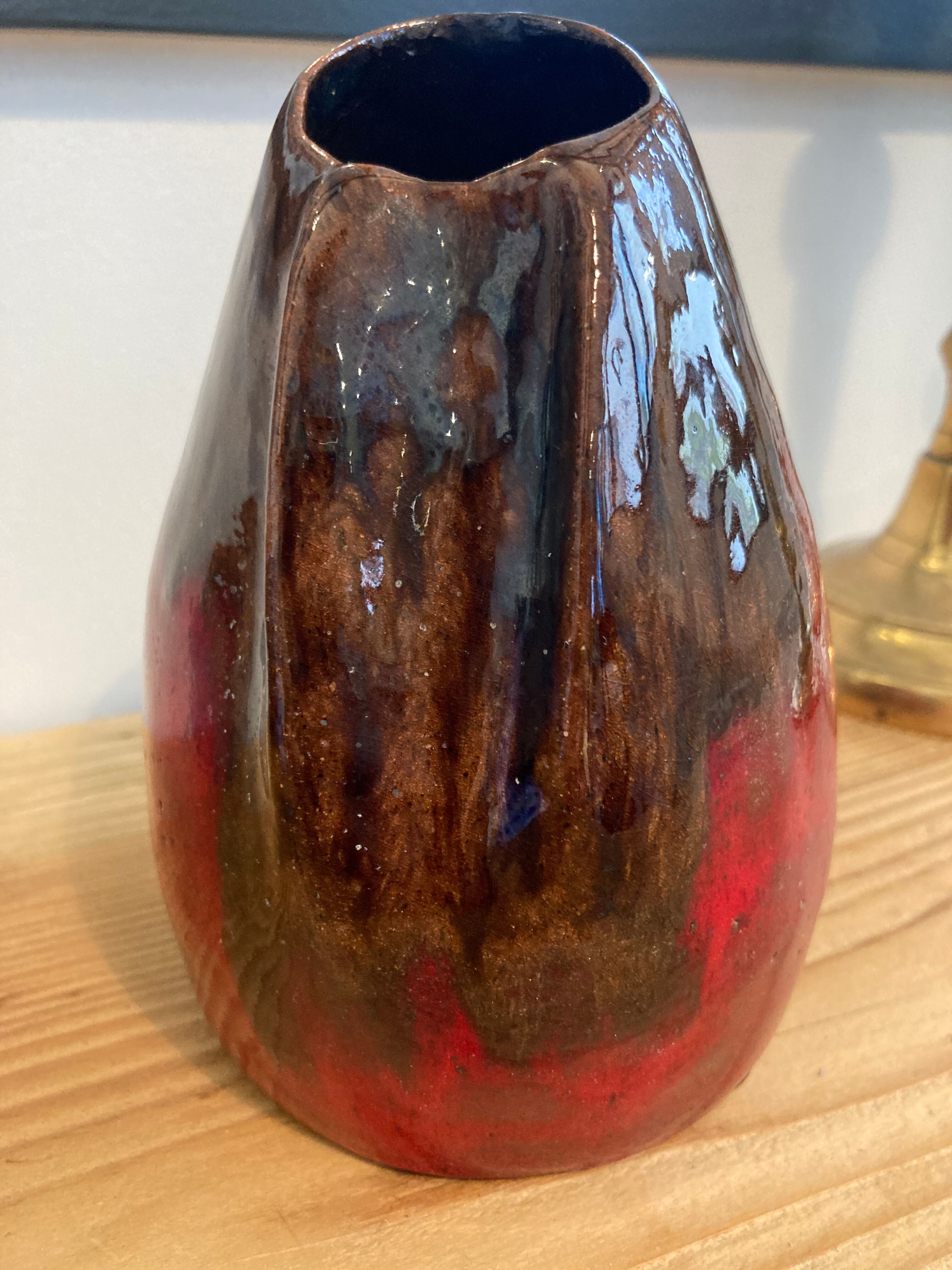 Red & brown glazed stoneware vase