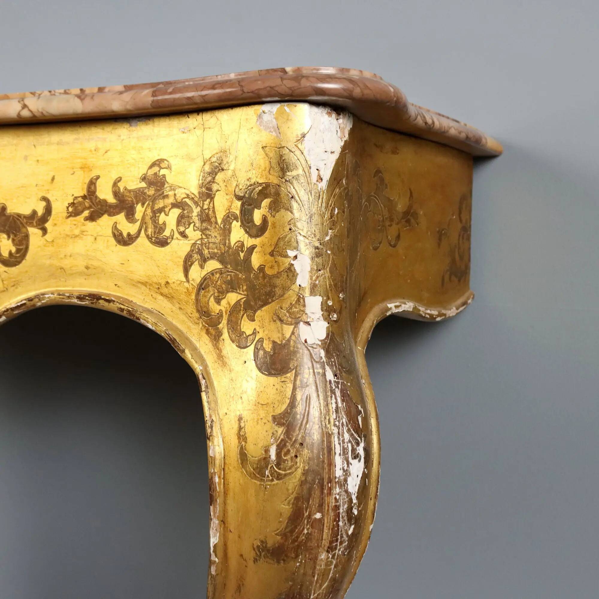 Antique gilded wooden console with marble top, Italy, 19th century.