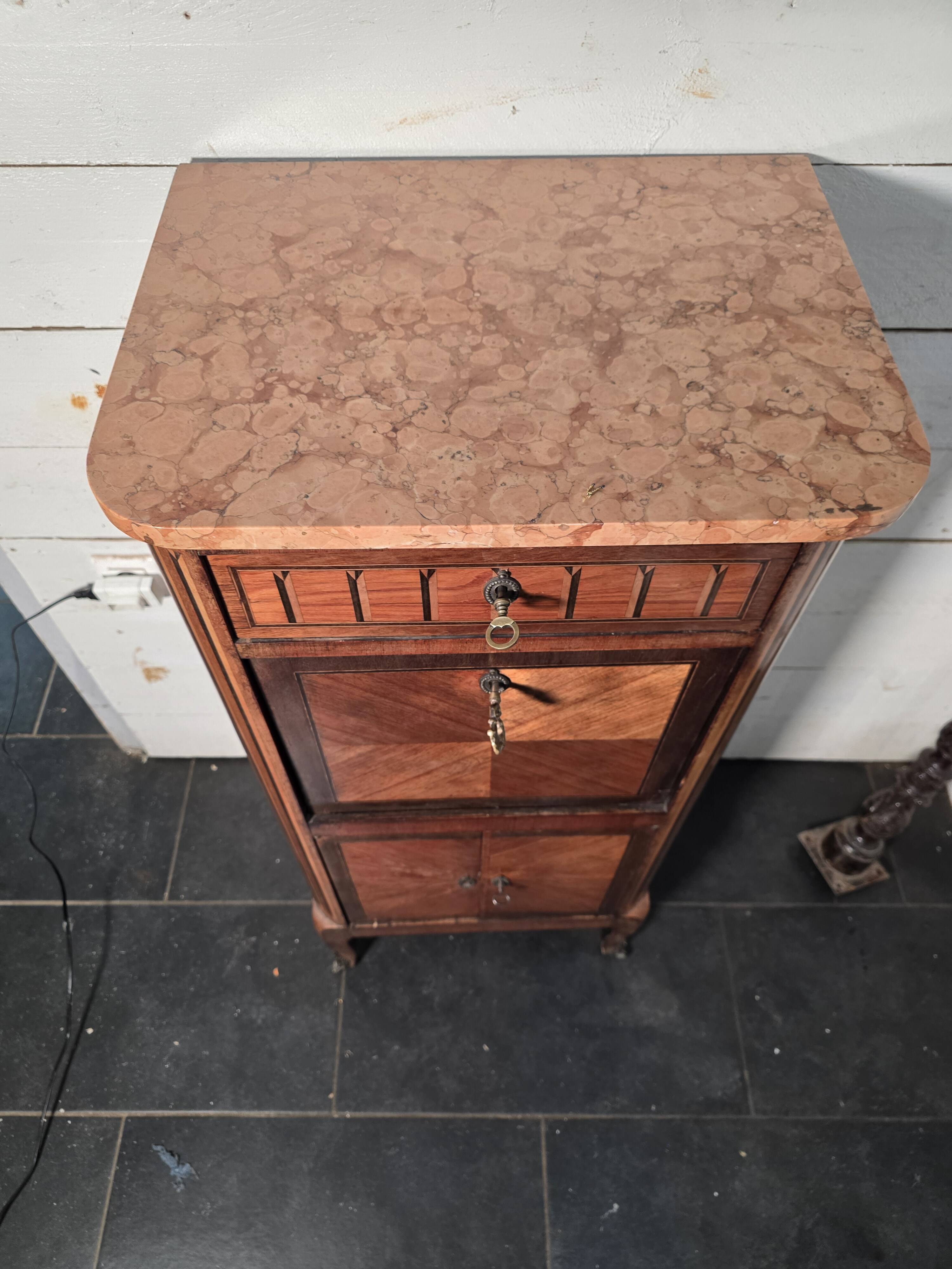 Louis XV style secretary with marquetry and marble top.