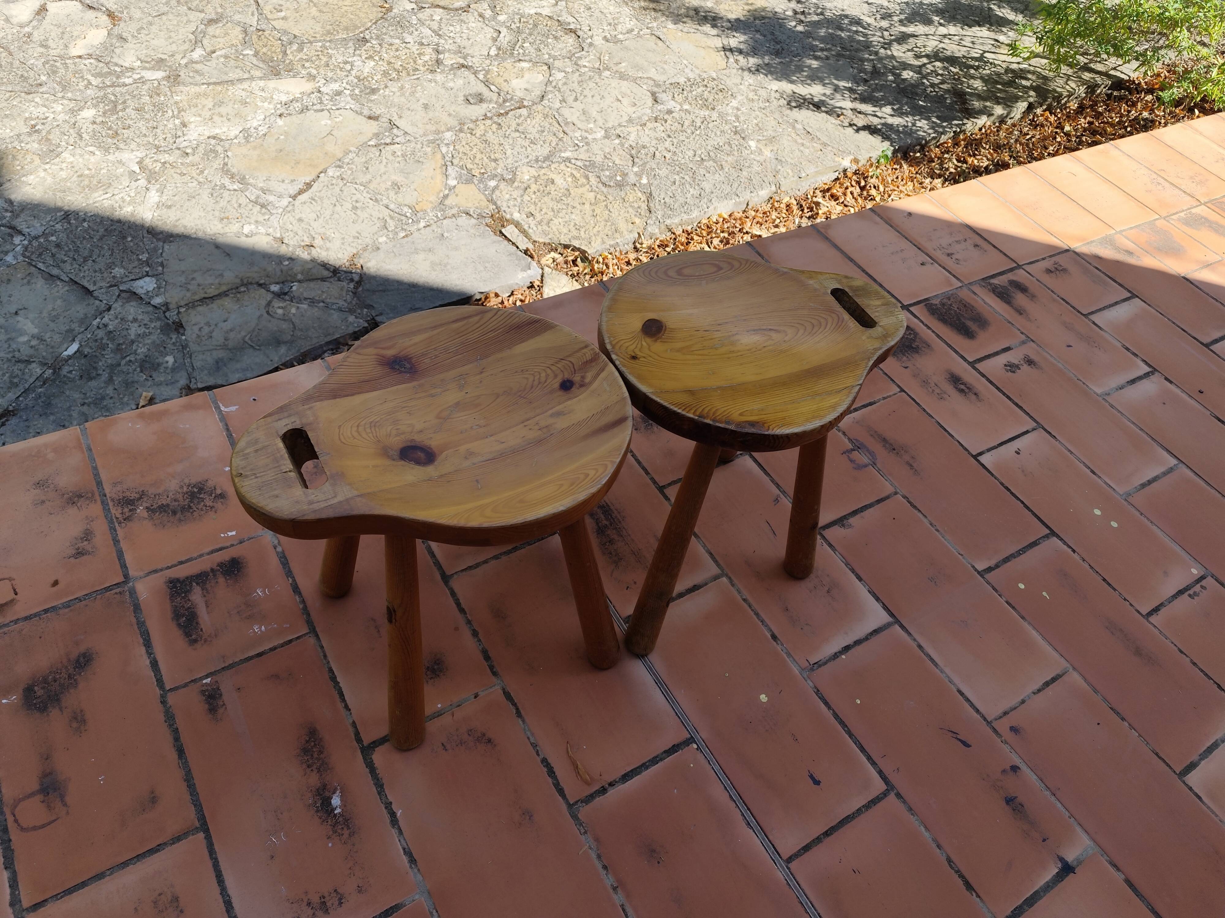 Pair of vintage 1960s solid pine ovoid Scandinavian stools