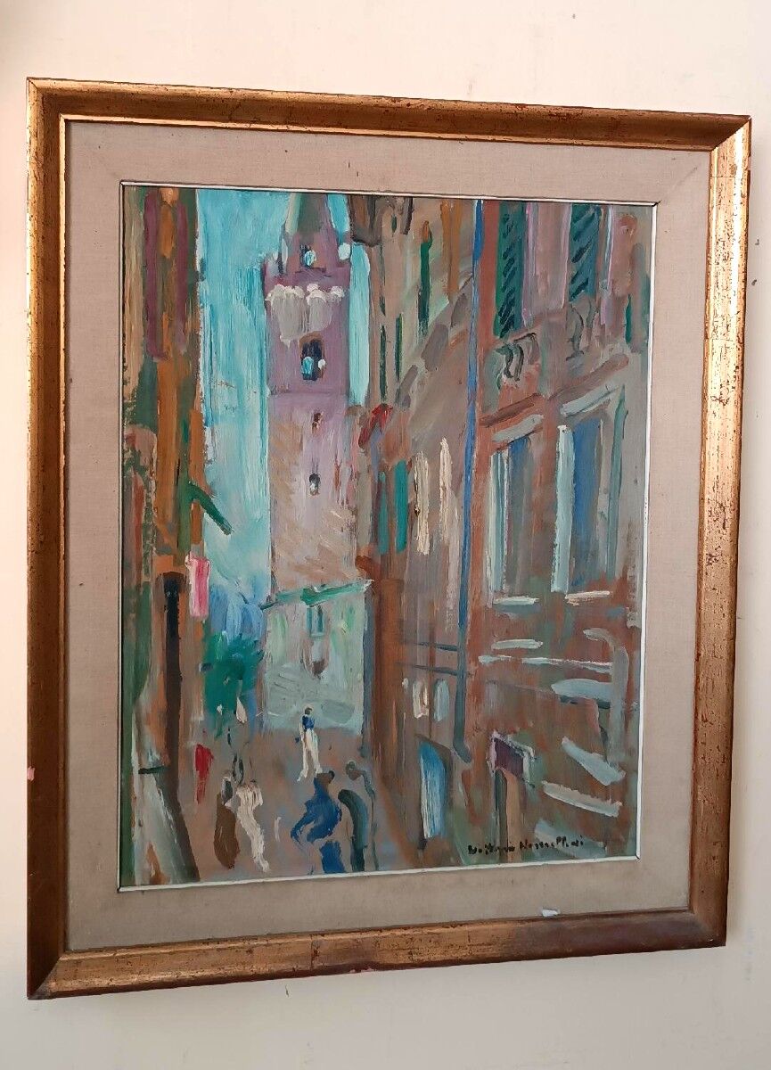 Oil painting on cardboard, Vittorio Nomellini (1901 Genoa - 1965 Florence), view of Lerici.