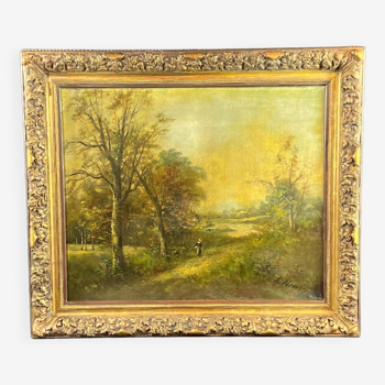 Large painting late 19th early 20th century with old Barbizon School frame signed Henry