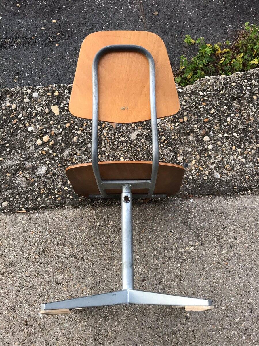 Set of 3 Embru school chairs, Switzerland, 1960s — brown plywood and steel frame.
