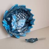 Ceramic butter dish signed Vallauris fish decor and its knife / fish / ceramic / 1960 / French riviera / Mid-Century / 20th