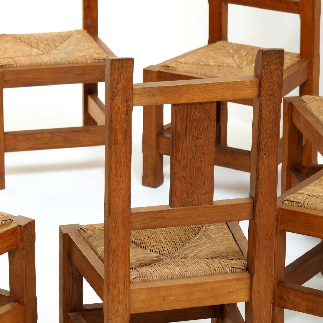 Set of Eight Handmade Solid Oak Chairs, 1970s