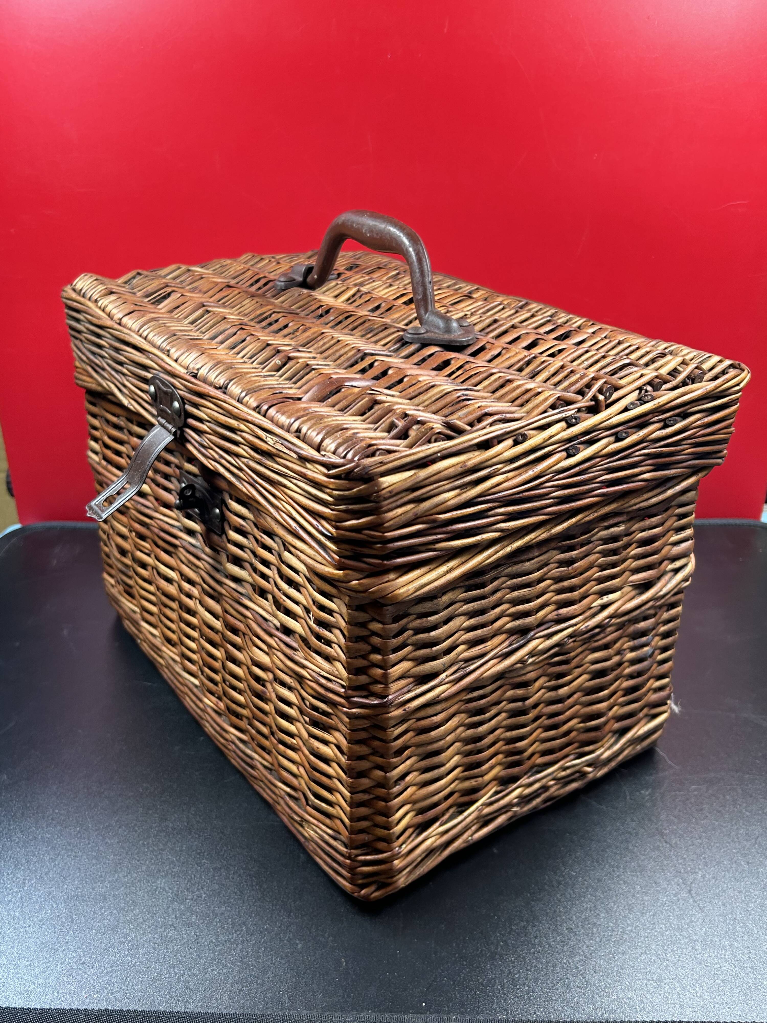 Rare antique wicker picnic basket with iron closures and handle