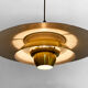 Large brushed aluminum pendant light with golden finish. Produced by Jeka. Denmark 1970s