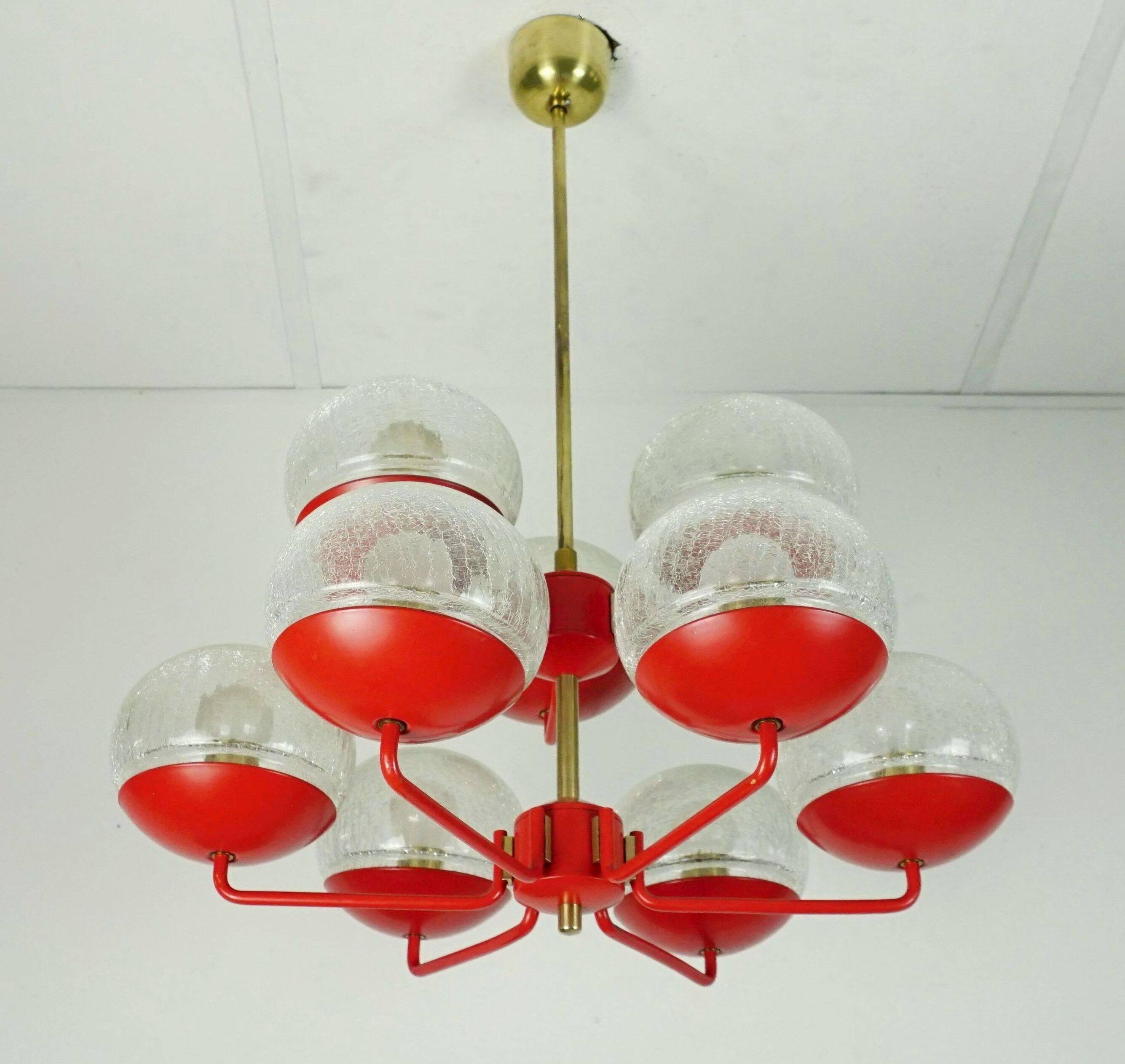 1960s chandelier, red metal and brass, 9 crackle glass shades